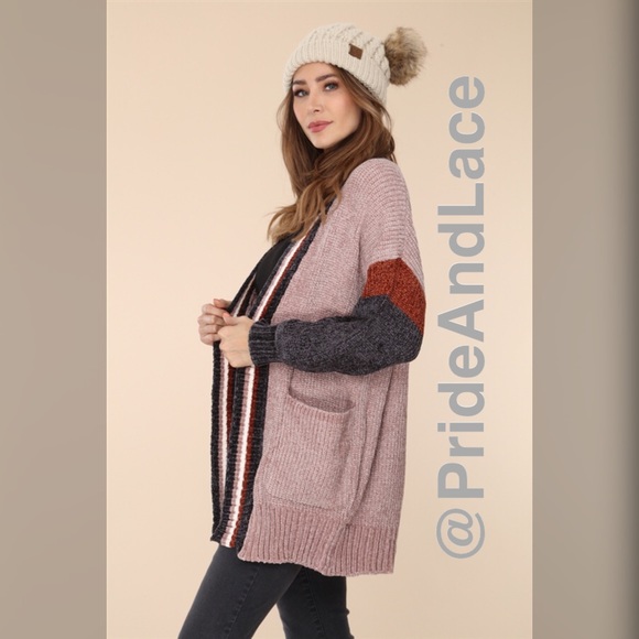 LAST 1️⃣ DUSTY PINK MULTI STRIPED CHENILLE KNIT CARDIGAN - Picture 3 of 4